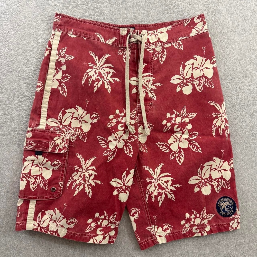 Abercrombie & Fitch Men's 36 Red Hawaiian Floral Canvas Board Shorts Cargo